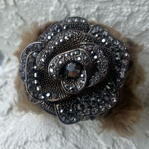 Chico's Gunmetal Crystal Flower Bracelet with Brown Fur Accent